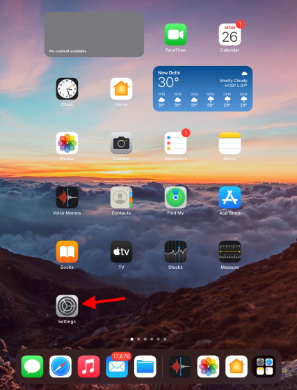 aplicación de configuración en la pantalla de inicio del iPad